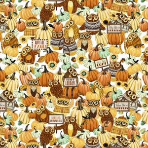 Happy Fallidays by Camelot Owl, Sunflower, pumpkin 100% Cotton Quilt Fabric sold by the 1/2 yard #CAM49230204-01 Owl Patch White