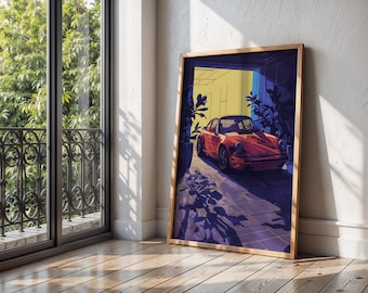 Retro Porsche 911, Neon Print Wall Art, 80s Sports Car Garage Decor (Digital Download)
