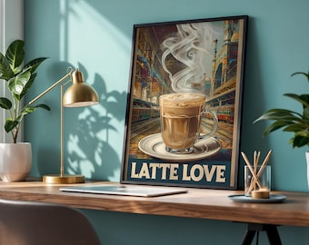 Latte Kaffee Poster, Café Küche Poster für Kaffeeliebhaber (Digitaler Download)