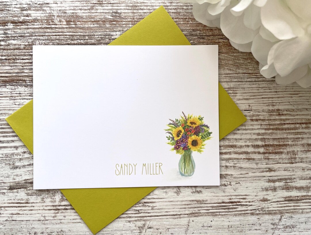 Personalized Stationery With Watercolor Floral Bouquet, Custom Flat ...