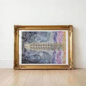 May include: A framed artwork featuring a central strip of vintage sheet music with the text 'Pianoforte' and 'Moderato'. The background displays watercolor washes in shades of blue, purple, and yellow, accented by black swirling ink lines.