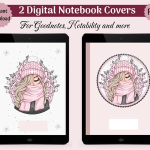 Puede incluir: Dos portadas de cuadernos digitales que se muestran en tabletas. Cada portada presenta a una mujer rubia con gorro y bufanda rosas, rodeada de rosas rosas. El texto dice "2 Digital Notebook Covers" y "For Goodnotes, Notability and more."
