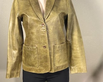 Vintage GAP Leather Olive Green Blazer Jacket Women’s 90s Genuine Leather Tailored Coat