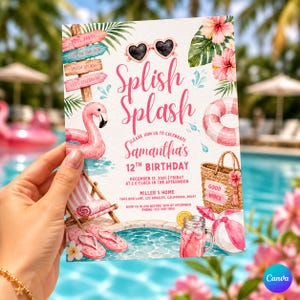 May include: A rectangular birthday invitation card featuring watercolor illustrations of a pink flamingo float, heart-shaped sunglasses, a beach bag, flip-flops, and a pool. The text reads Splish Splash, Samantha's 12th Birthday, and event details.