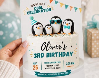 Penguin Birthday Party Invitation, Summer Penguin Editable Invite, Penguin Party, Summer Birthday Party, Penguin Invitation, Canva Invite