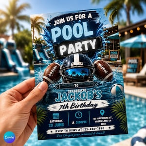 May include: A rectangular pool party invitation card featuring a football helmet, two footballs, and water splashes. Text includes JOIN US FOR A POOL PARTY, TO CELEBRATE JACKOB'S 7th BIRTHDAY, SATURDAY 20 JUNE AT 3:00PM, 123 ANYWHERE ST, GREEN LANE CA 33321.