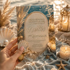 May include: A rectangular birthday invitation card with an arched center panel featuring the text: DELICATE SHELLS, GRACEFUL WAVES, AND A CELEBRATION OF Nielle's 7TH BIRTHDAY! SATURDAY, NOVEMBER 20TH AT 5:00PM, VENUE DETAILS, AND RSVP INFO.