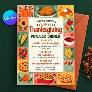 May include: A Thanksgiving potluck dinner invitation card featuring a central text block with event details, surrounded by a border of illustrated autumn icons including a pumpkin, roasted turkey, corn, berries, and pies on a cream background.