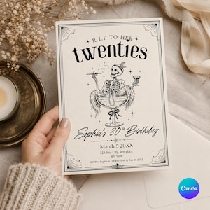 May include: A cream-colored birthday invitation card featuring black ink illustrations of a skeleton in a martini glass, a feather boa, and a cigarette holder. The text reads R.I.P TO HER twenties, Sophia's 30th Birthday, March 5 20XX, and RSVP details.