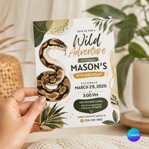 May include: A rectangular birthday invitation card featuring a coiled brown and black snake illustration, green watercolor leaves, and gold abstract shapes. The text reads: Join us for a Wild Adventure to celebrate Mason's 10th birthday, March 29, 2026.