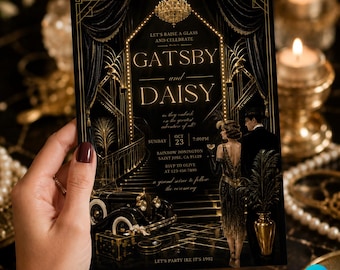Może przedstawiać: Czarno-złote zaproszenie w stylu Gatsby'ego z napisem "Gatsby and Daisy". Zaproszenie zawiera elementy designu Art Deco, zabytkowy samochód i parę w formalnym stroju. Data to 23 października.