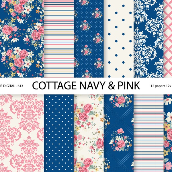 Shabby Chic Digital paper pack in navy blue and pink, digital backgrounds, Cottage Papers, 12 jpg files 12x12 - INSTANT DOWNLOAD Pack 613