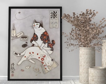 Japanese Tattoo Cat Art Print, Ukiyo-e Style Cats, Unique Wall Decor for Cat Lovers and Tattoo Enthusiasts