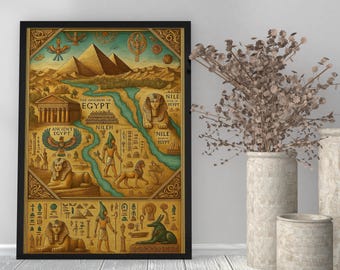 Ancient Egypt Map Illustration Art Print Hieroglyph Pyramid History Design