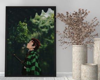 Stampa artistica di Samurai in stile anime con spada di fuoco, tela di cacciatore di demoni