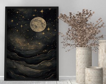 Mystical Moon and Stars Wall Art, Golden Night Sky Painting, Celestial Landscape Canvas Decor for Living Room