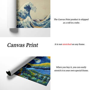 Pu&ograve; includere: Stampa su tela arrotolata, raffigurante un'opera d'arte di onde giapponesi e una scena notturna stellata. Il testo "Canvas Print" &egrave; visualizzato, insieme a informazioni sul prodotto.