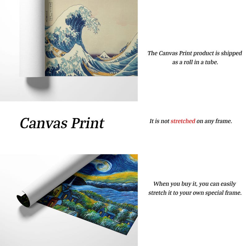 Pu&ograve; includere: Stampa su tela arrotolata, raffigurante un'opera d'arte di onde giapponesi e una scena notturna stellata. Il testo "Canvas Print" &egrave; visualizzato, insieme a informazioni sul prodotto.