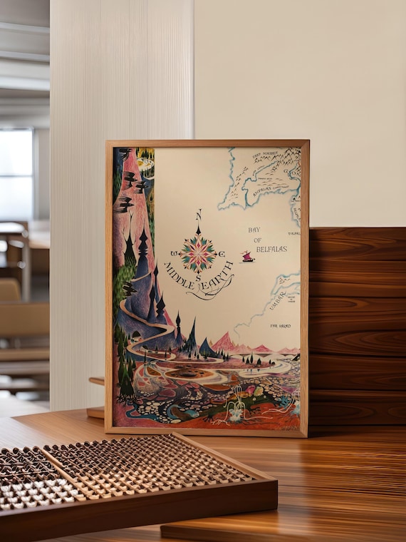 Middle Earth Map Art Print, Vintage Fantasy Illustration, Lord of the Rings Inspired Wall Decor, Colorful Tolkien World Poster