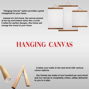Pu&ograve; includere: Tre tele bianche con aste di sospensione in legno. Il testo "HANGING CANVAS" &egrave; in rosso. Il testo dice che la tela &egrave; fissata in alto e in basso e sembra un rotolo. I telai sono in legno e la tela &egrave; in cotone.