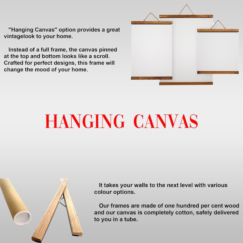 Pu&ograve; includere: Tre tele bianche con aste di sospensione in legno. Il testo "HANGING CANVAS" &egrave; in rosso. Il testo dice che la tela &egrave; fissata in alto e in basso e sembra un rotolo. I telai sono in legno e la tela &egrave; in cotone.