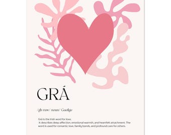 Grá Irish Love Art Print - Minimalist Pink Heart Gaeilge Wall Decor