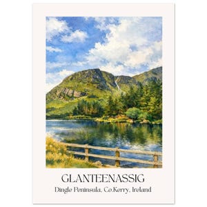 May include: Watercolor painting of Glanteenassig in Ireland. The artwork depicts a serene lake with a wooden fence in the foreground, lush green hills, and a waterfall. The sky is a bright blue with fluffy white clouds. The text "GLANTEENASSIG" and location details are at the bottom.