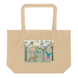 May include: Beige tote bag with a colourful illustration of children, birds, and a rabbit in a whimsical forest scene. The artwork includes figures in pink, blue, and green, with brown trees and a light blue sky. The bag has a large main compartment and two handles.