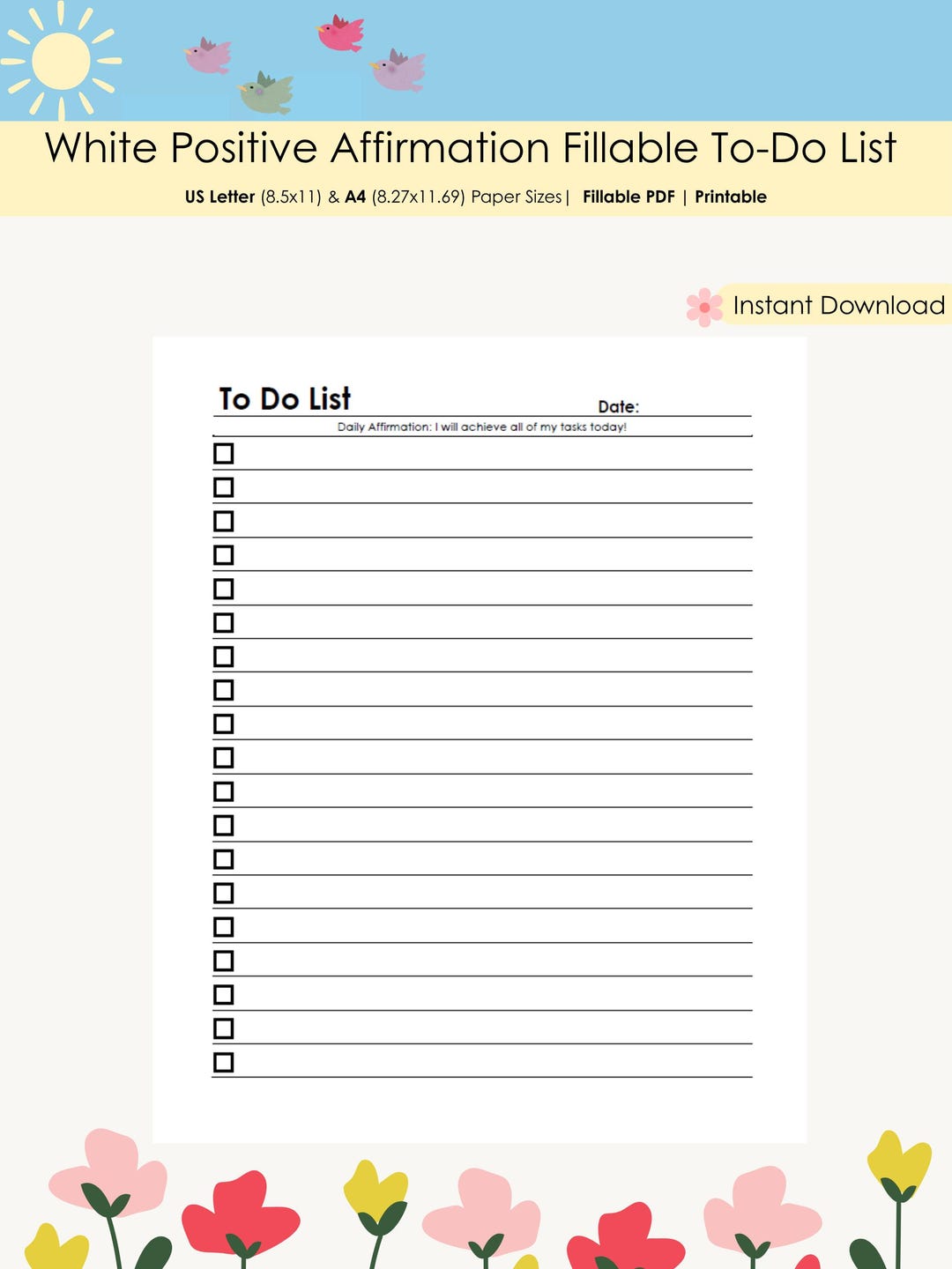 Affirmation Checklist White Daily Positive Affirmation Planner To-do List Checklist Template ...