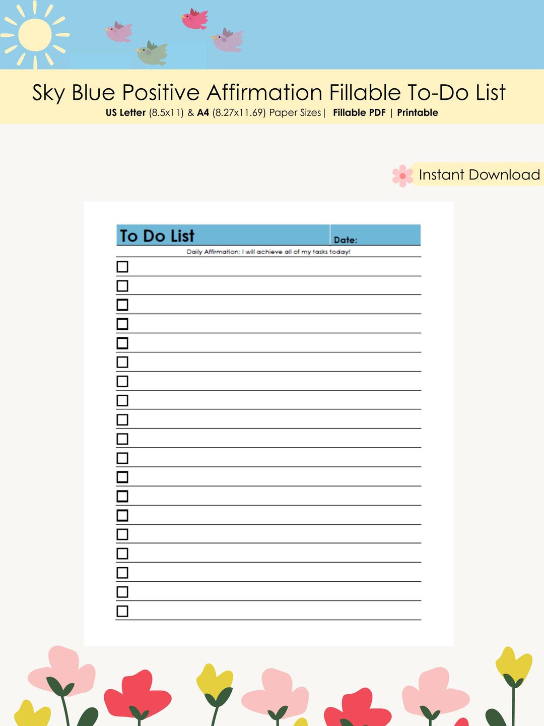 Affirmation Checklist Sky Blue Daily Positive Affirmation To-do List Checklist Template ...