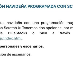 Op de afbeelding: Witte achtergrond met Spaanse tekst, waaronder "SENCILLA FELICITACIÓN NAVIDEÑA PROGRAMADA CON SCRATCH JUNIOR." De tekst beschrijft het maken van een kerstkaart met Scratch Jr. Een screenshot toont een landschapsicoon.