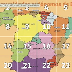 Puede incluir: Un mapa colorido de España, dividido en regiones numeradas. Cada región es de un color diferente, con las principales ciudades etiquetadas. El mapa incluye texto en la parte superior y lateral, con porcentajes y números.