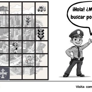May include: Black and white illustration of a city-themed puzzle game with a grid layout. A cartoon police officer with a speech bubble that says "¡Hola! ¿Me ayudas a buscar por la ciudad?" is on the right. The game is from comeletras.com.