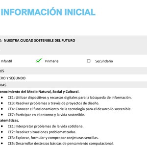 Könnte beinhalten: Ein spanisches Dokument mit dem Titel "INFORMACIÓN INICIAL" und dem Titel "NUESTRA CIUDAD SOSTENIBLE DEL FUTURO". Es zeigt "Primaria" als ausgewählte Stufe. Die Fächer umfassen Natur-, Sozial-, Kulturkunde und Mathematik.