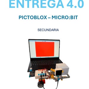 Puede incluir: Un portátil con pantalla roja muestra un proyecto de robótica. El proyecto incluye un pequeño robot con una rueda, conectado a una caja blanca y otros componentes electrónicos. Se ve el texto "ENTREGA 4.0", "PICTOBLOX - MICRO:BIT" y "SECUNDARIA".