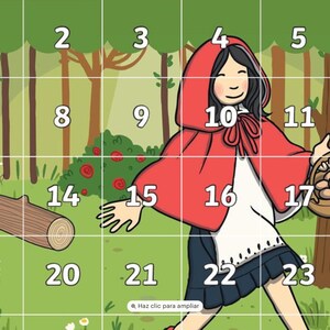 May include: Illustration of a girl in a red hooded cloak, carrying a basket of eggs. She is walking through a forest with a log on the ground. The background features trees and flowers, with a grid overlay.