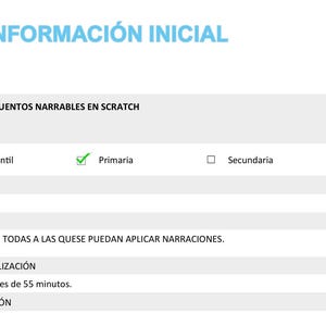 May include: A white document with blue headings and text in Spanish. The title reads "CUENTOS NARRABLES EN SCRATCH". The document includes checkboxes for "Infantil", "Primaria", and "Secundaria", with "Primaria" ticked. The document also lists "TODOS" under "CURSO/S".