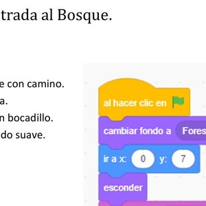 May include: A diagram with Spanish text and programming blocks. The text reads "Scene 1: Entrance to the Forest" and lists elements like "Forest with path" and "Sprite of the fairy." Programming blocks include "when clicked," "change background to Forest," and "hide."