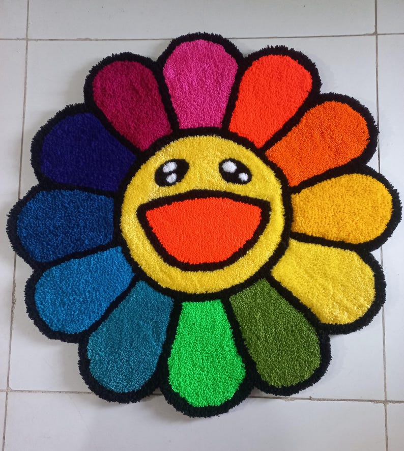 Handmade Tufted Rainbow Smiley Flower Rug: Cheerful Kawaii Accent ...