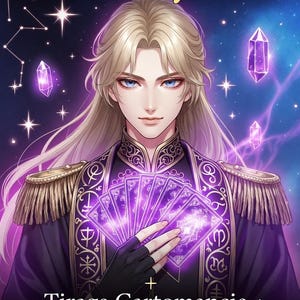 May include: A digital illustration of a long-haired figure in a dark purple military-style jacket with gold epaulets, holding glowing purple tarot cards. The background features a starry night sky with floating crystals and the text Klausvoyance.