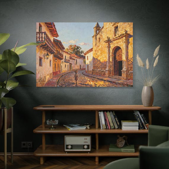 Cobblestone Steps, Stretched Canvas Art Print, Matte Finish Landscape Wall Decor, Hom Gift for Art Lovers, Cozy Living Room Decor.