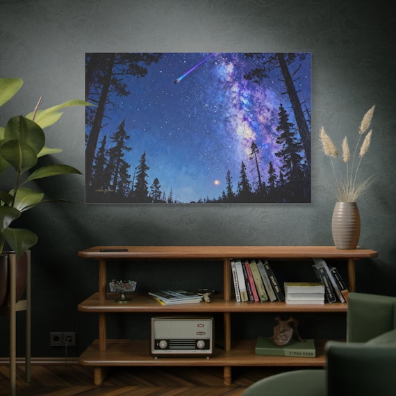 Starry Night Forest Canvas - Milky Way Landscape Art - Shooting Star Canvas - Night Sky Wall Decor - Celestial Cabin Print - Space Art