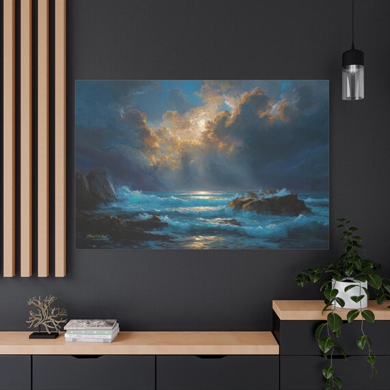 Dramatic Seascape Canvas Print - Impasto Ocean Print - Stormy Coastal Wall Art - Sunlight and Waves Decor - Moody Beach - Crashing Wave