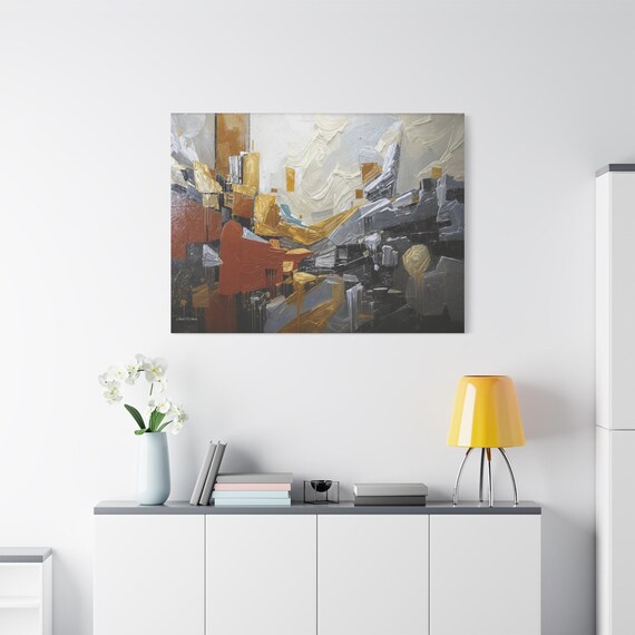 Abstract Industrial Cityscape Canvas Print - Gold and Grey Impasto Wall Art - Geometric Drip Canvas - Modern Masculine Decor -Urban Edge Art
