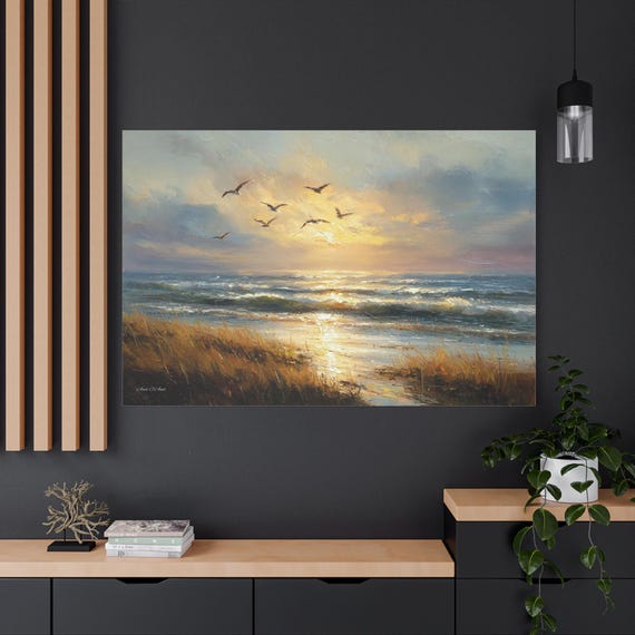 Golden Coastal Sunset Canvas Print – Impasto Ocean Seascape Art, Birds Flying