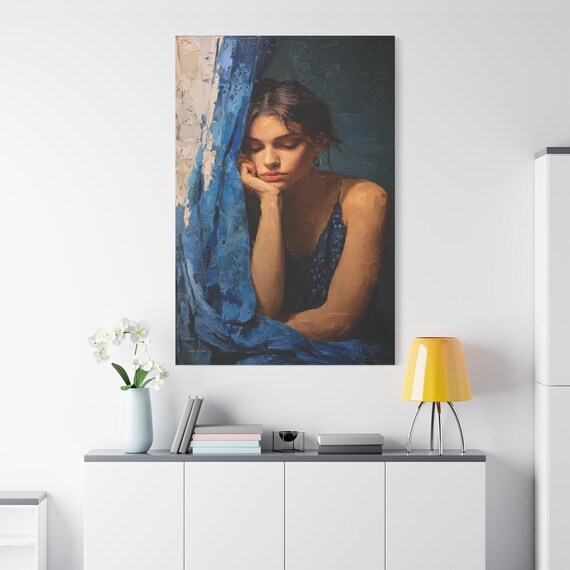 Contemplative Woman Canvas Print - Moody Female Portrait - Impasto Blue Wall Art - Dark Academia Decor - Romantic Figurative Canvas