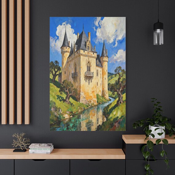 European Castle Canvas Print - Impasto Chateau Print - French Country Wall Art - Fairy Tale Decor - Colorful Landscape - Majestic Castle