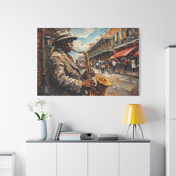 Jazz Saxophone Player Canvas Print, New Orleans French Quarter Art, Impasto Style Street Musician - Blues & Soul Music Decor - Man Cave Gift