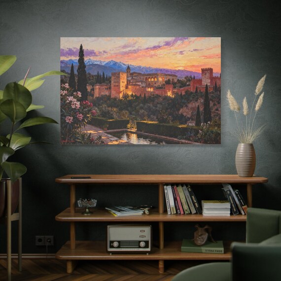 Alhambra Sunset Canvas Wall Art: Vintage Style Landscape Print