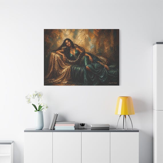 Snake Woman Canvas Print - Emerald Green Dark Academia Art - Maximalist Medusa Portrait - Impasto Fantasy Decor - Gold and Green Wall Art